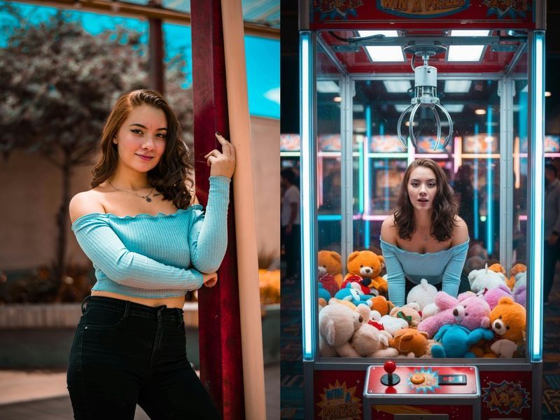 Woman inside a claw machine example